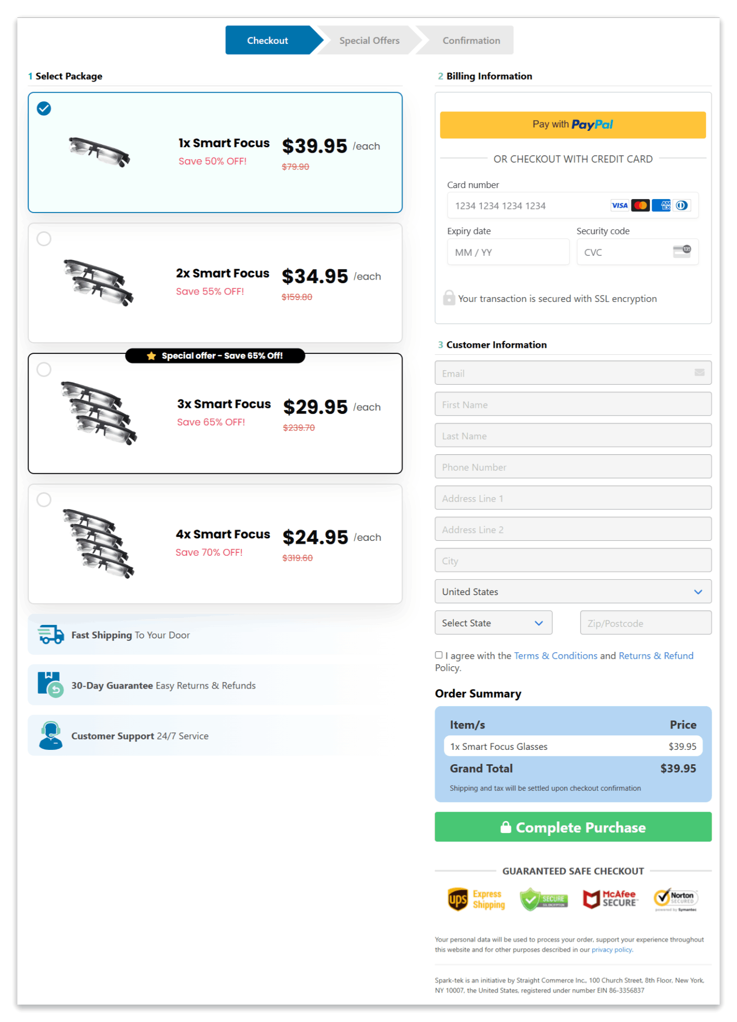 SmartFocus Glasses secure checkout page